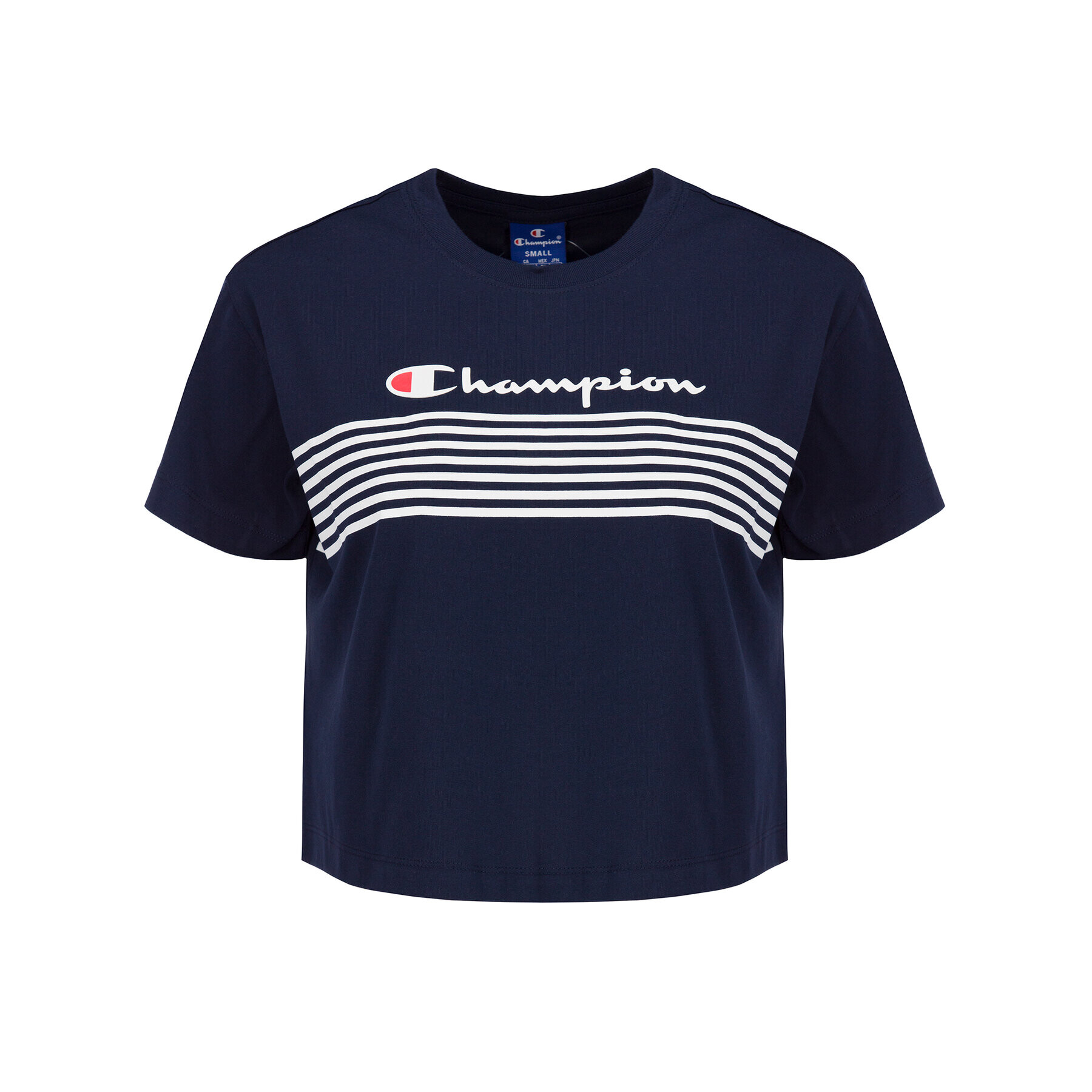 Champion Majica Script Logo Stripe 113098 Mornarsko modra Regular Fit - Pepit.si