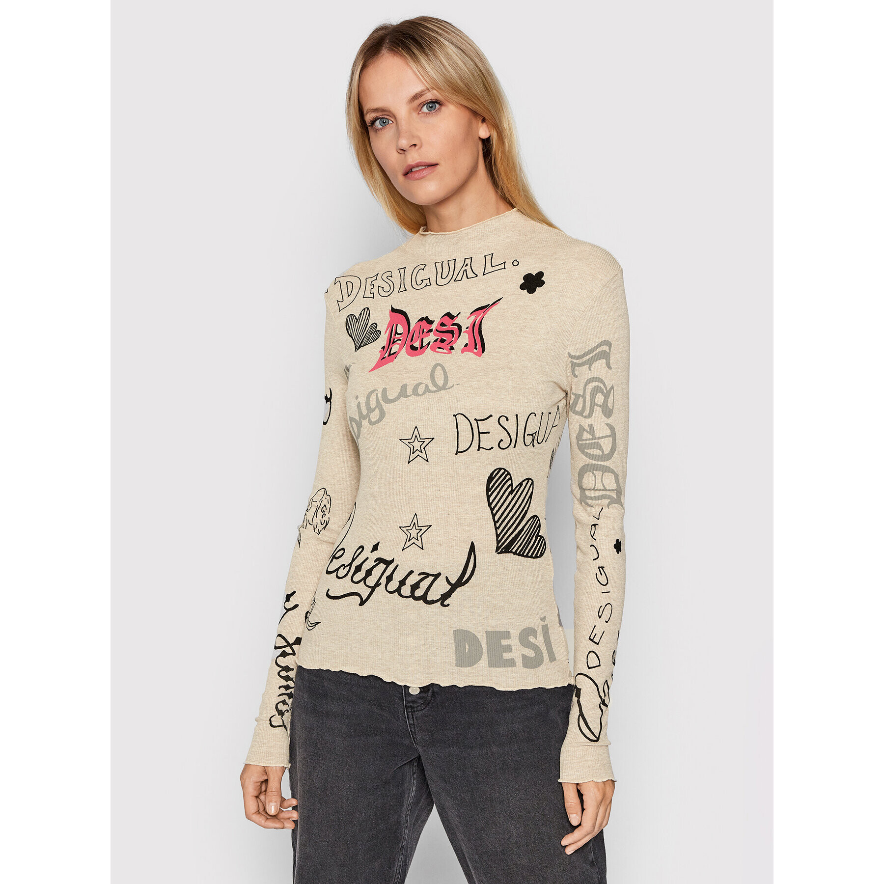 Desigual Bluza Lettering 21WWTKDR Bež Slim Fit - Pepit.si