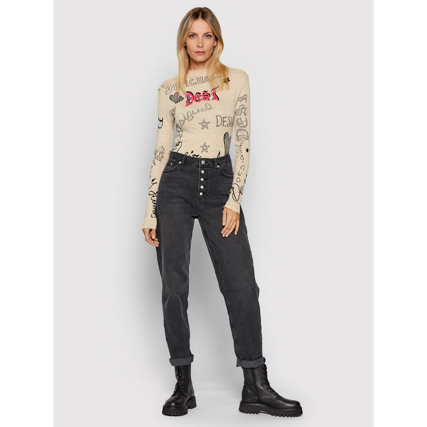 Desigual Bluza Lettering 21WWTKDR Bež Slim Fit - Pepit.si