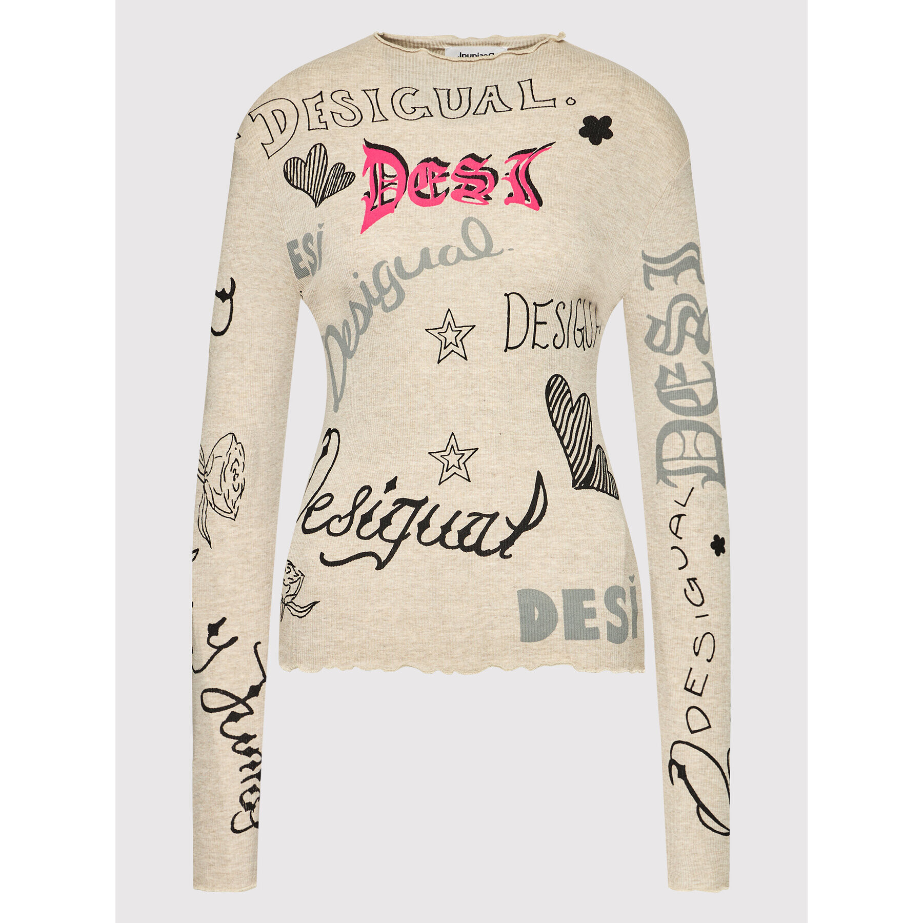 Desigual Bluza Lettering 21WWTKDR Bež Slim Fit - Pepit.si