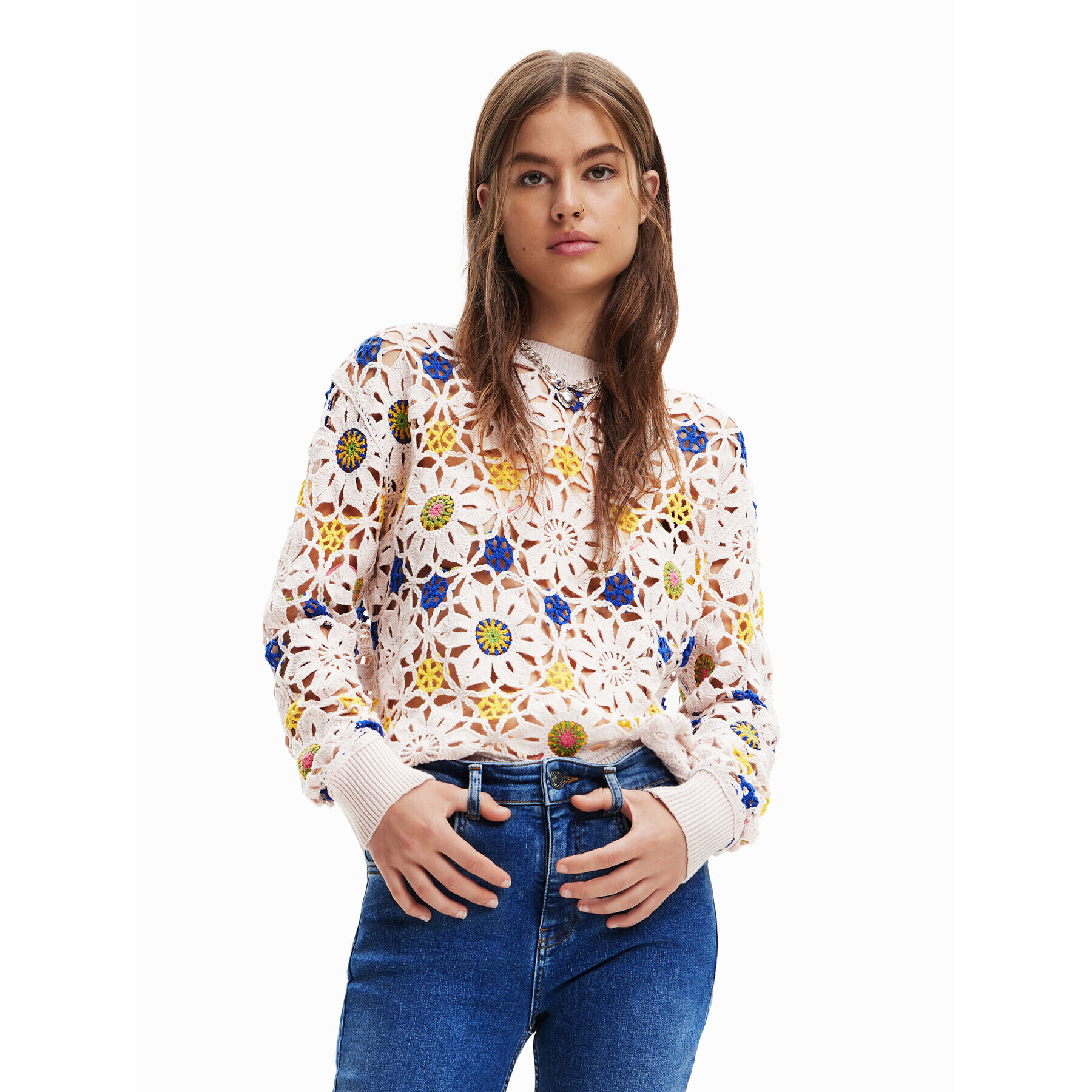 Desigual Pulover Daisies 23SWJF03 Bež Regular Fit - Pepit.si