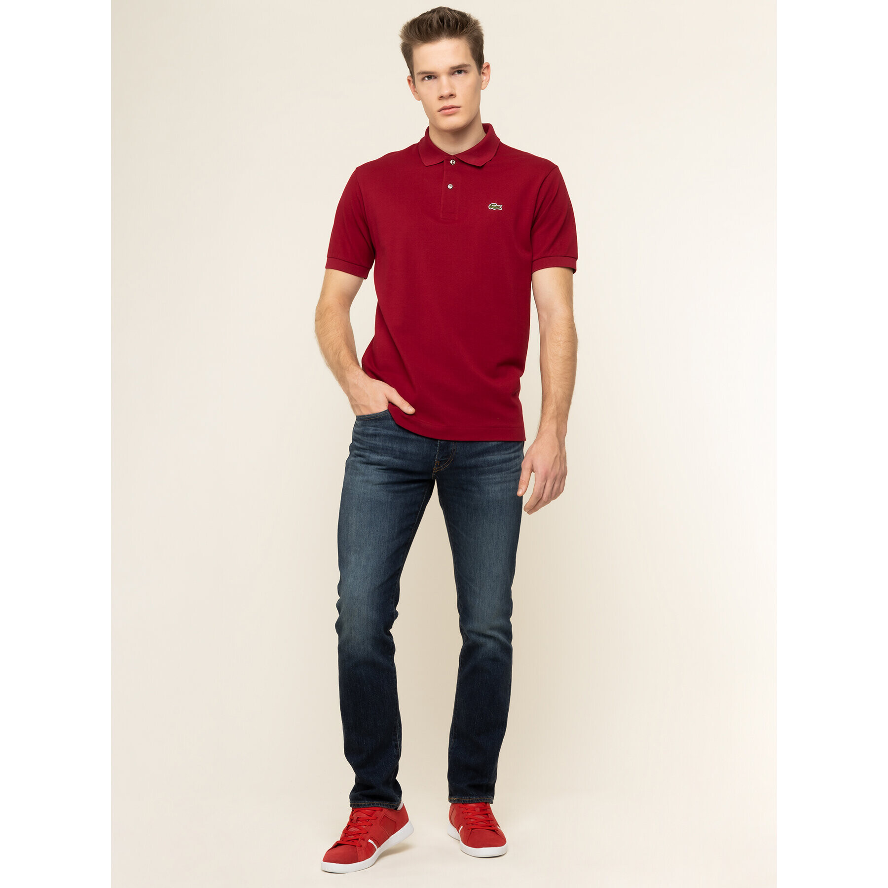 Lacoste Polo majica L1212 Bordo rdeča Classic Fit - Pepit.si