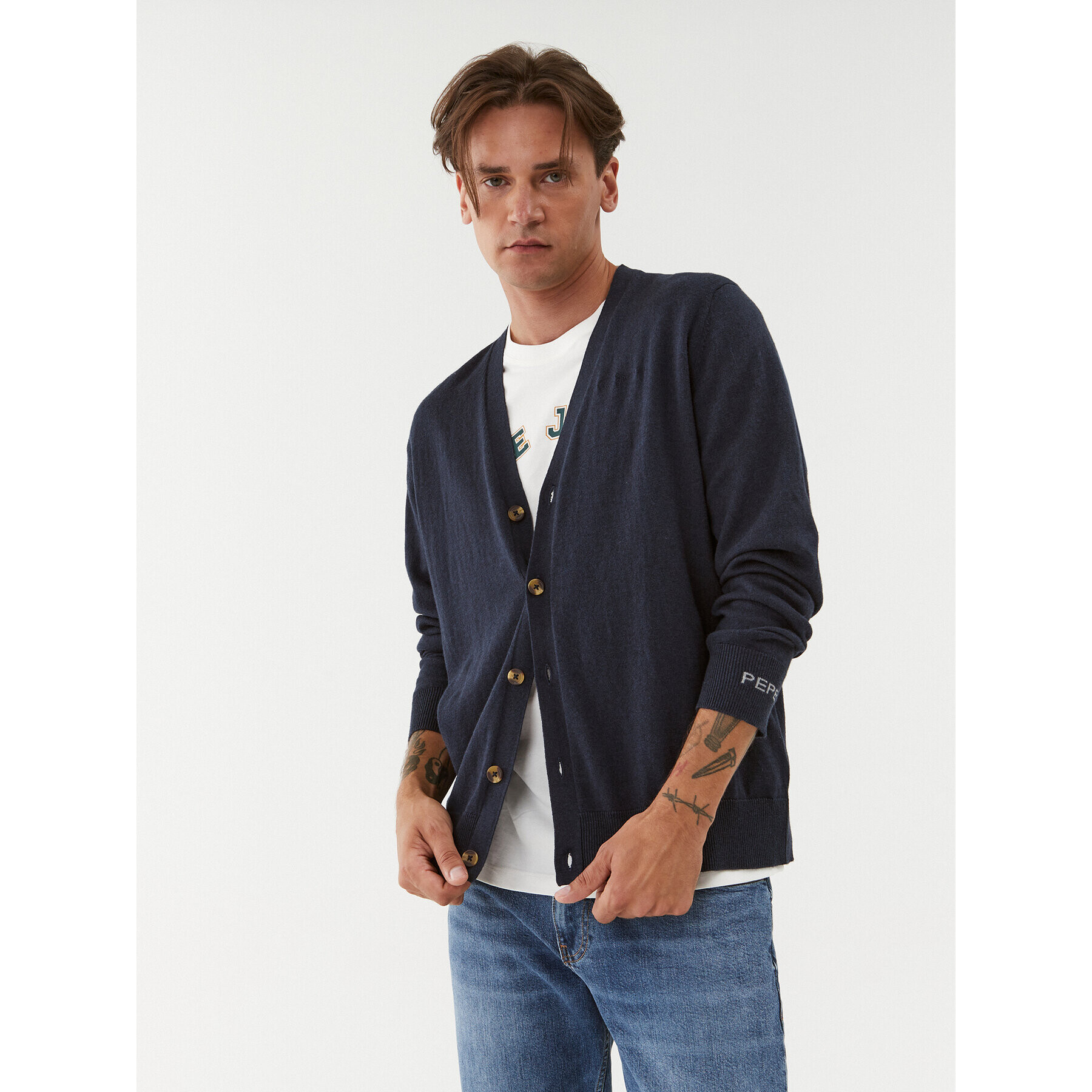 Pepe Jeans Pletena jopica Andre Cardigan PM702239 Mornarsko modra Regular Fit - Pepit.si