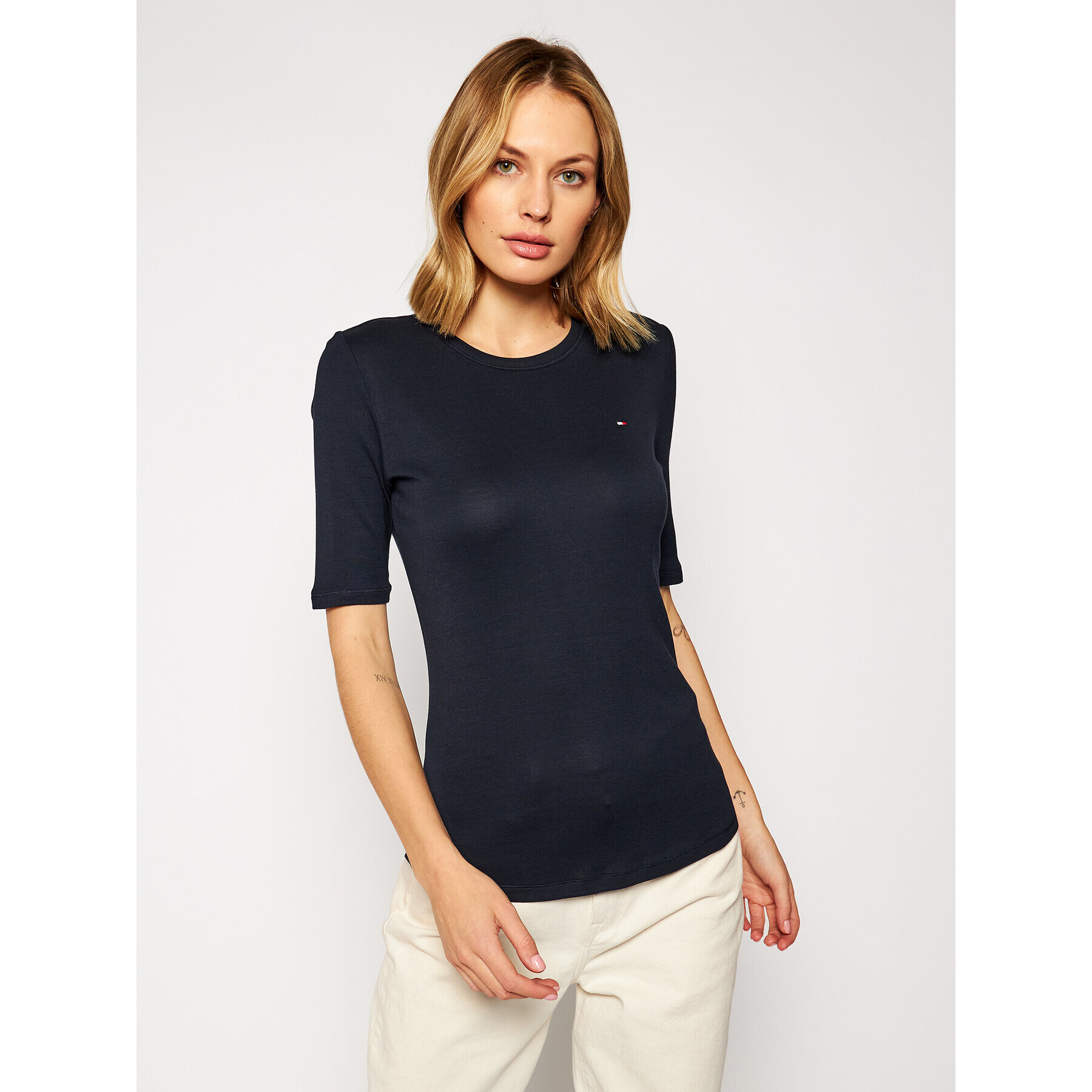 Tommy Hilfiger Bluza Crosy Top 1/2 Sleeve WW0WW28933 Mornarsko modra Slim Fit - Pepit.si