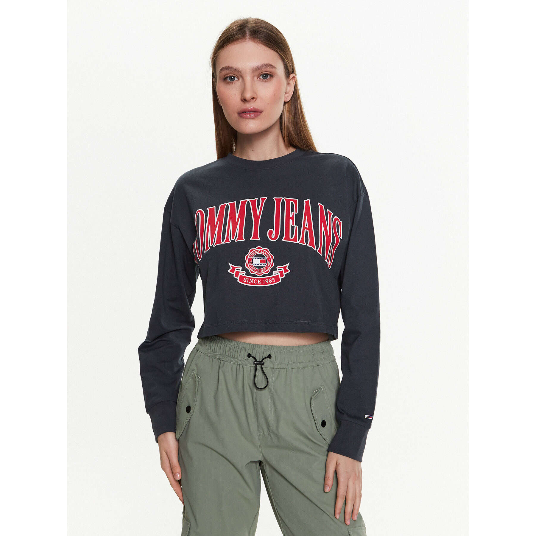 Tommy Jeans Bluza Collegiate DW0DW15575 Siva Cropped Fit - Pepit.si