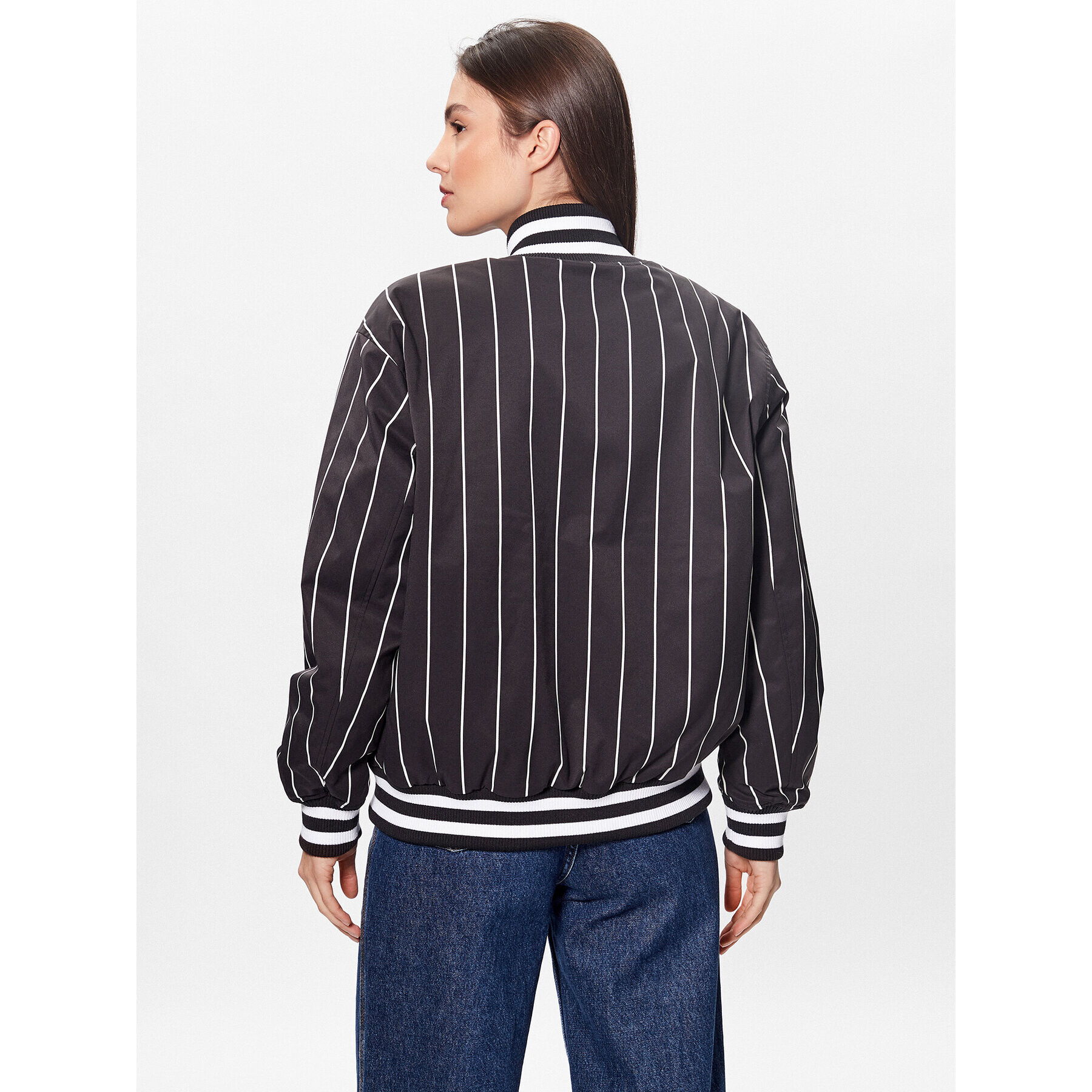 Tommy Jeans Bomber jakna Pinstripe Letterman DW0DW15336 Črna Relaxed Fit - Pepit.si