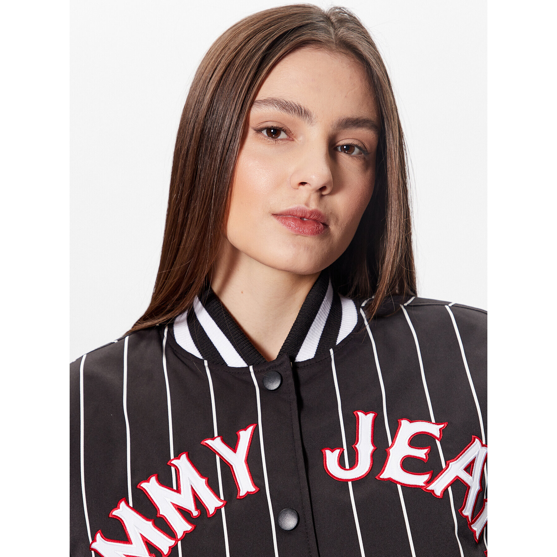 Tommy Jeans Bomber jakna Pinstripe Letterman DW0DW15336 Črna Relaxed Fit - Pepit.si