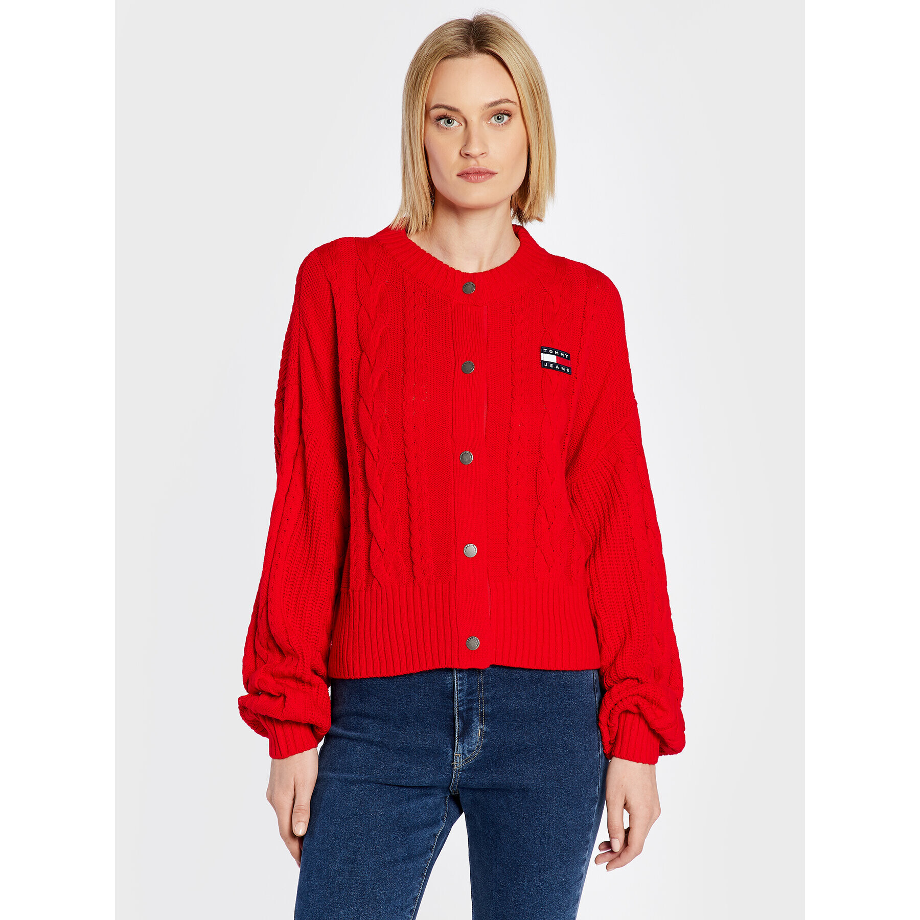 Tommy Jeans Pletena jopica Badge Cable DW0DW14263 Rdeča Oversize - Pepit.si