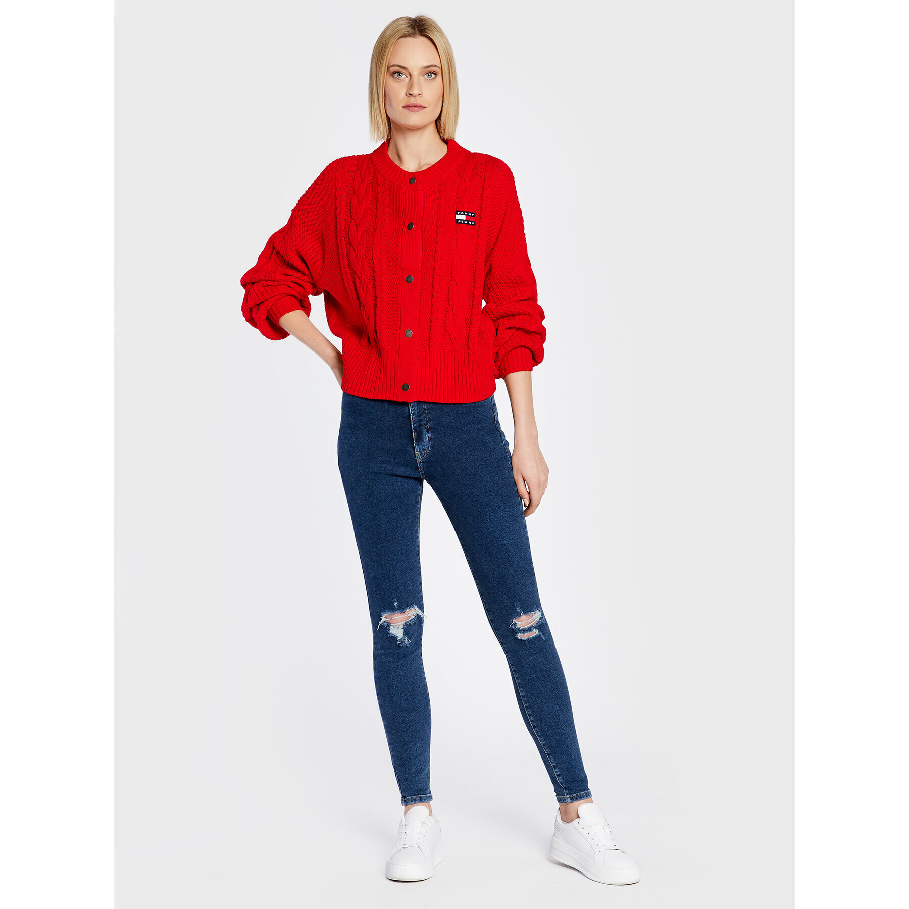 Tommy Jeans Pletena jopica Badge Cable DW0DW14263 Rdeča Oversize - Pepit.si