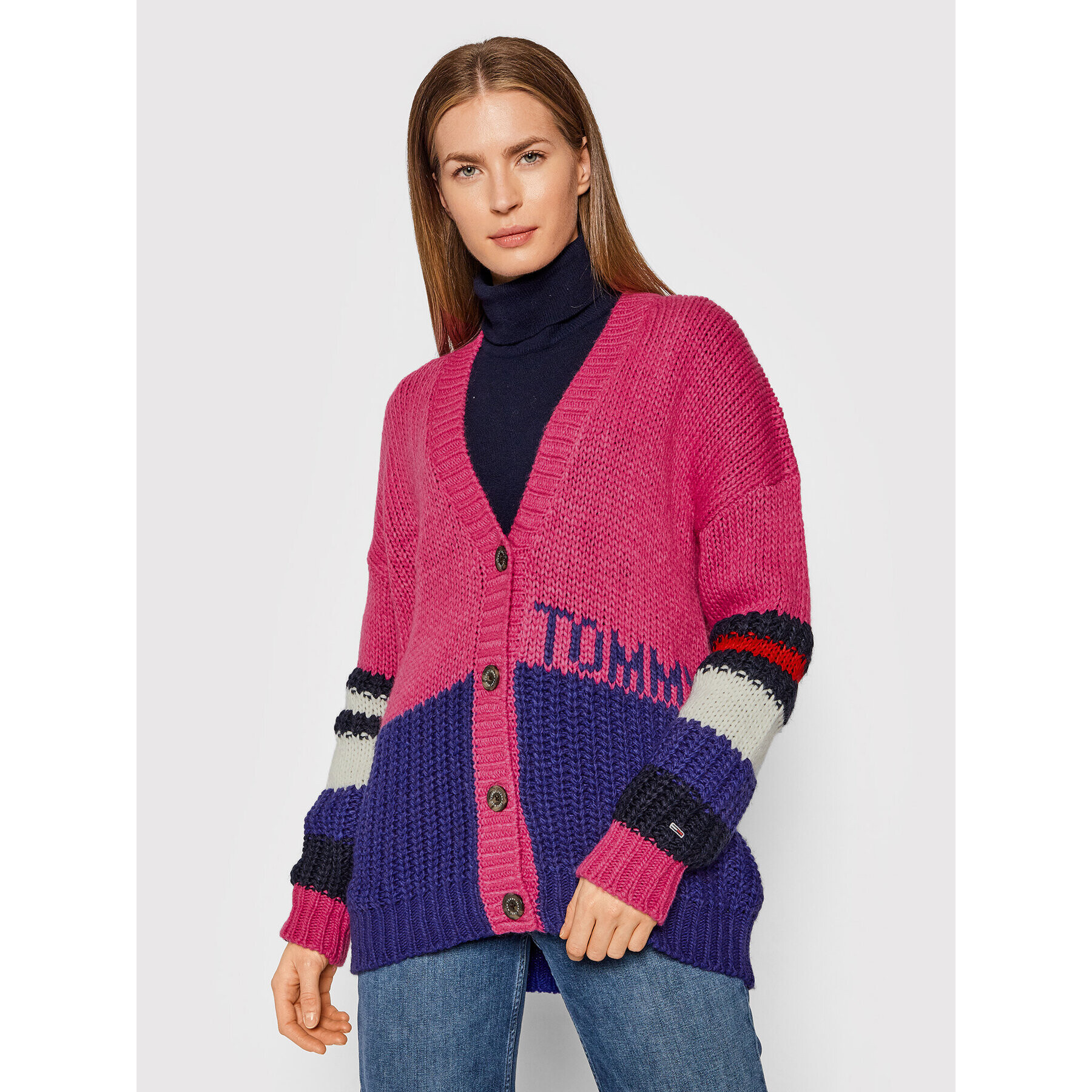 Tommy Jeans Pletena jopica Tjw Multi Stripe DW0DW11011 Roza Relaxed Fit - Pepit.si