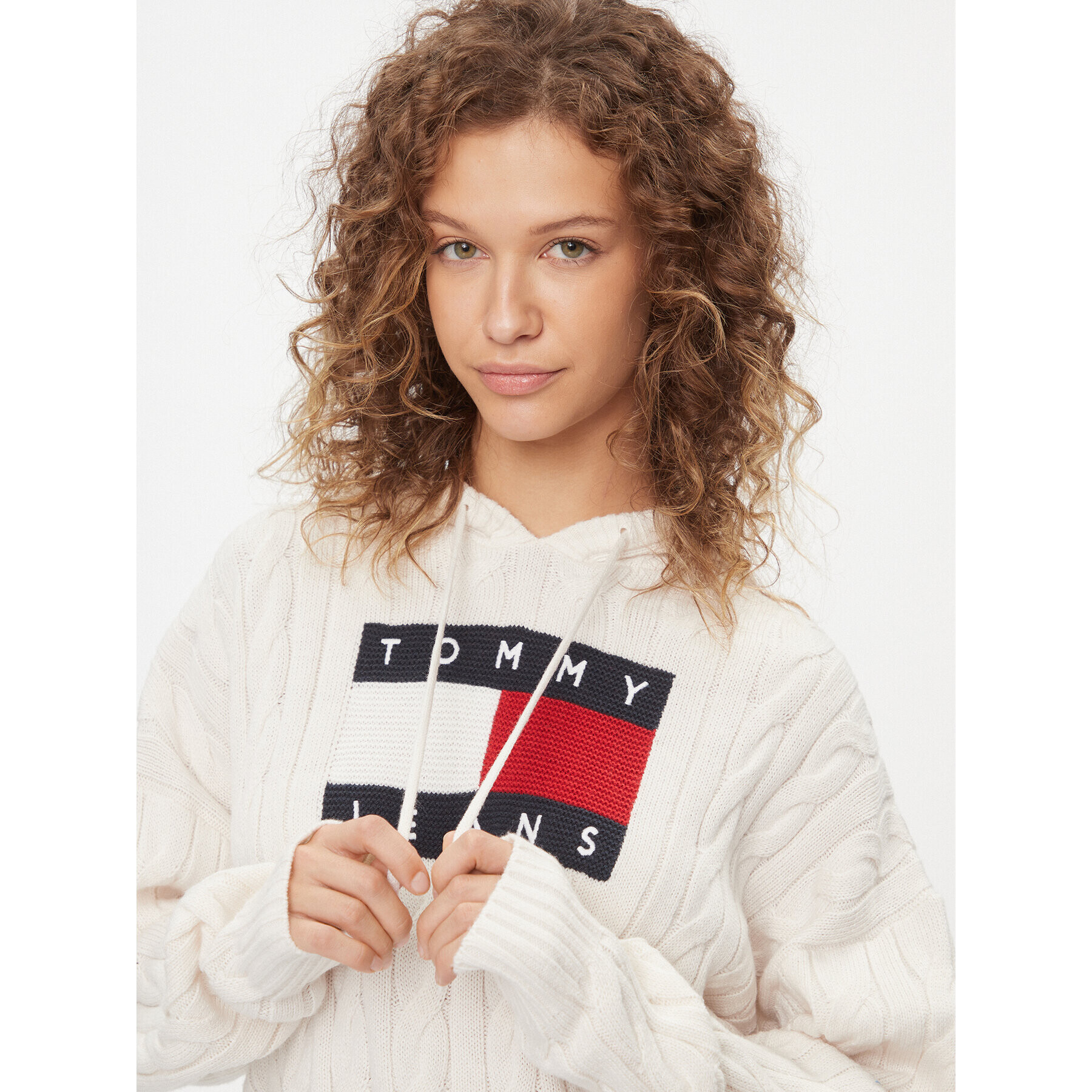 Tommy Jeans Pulover Center Flag DW0DW16528 Écru Regular Fit - Pepit.si