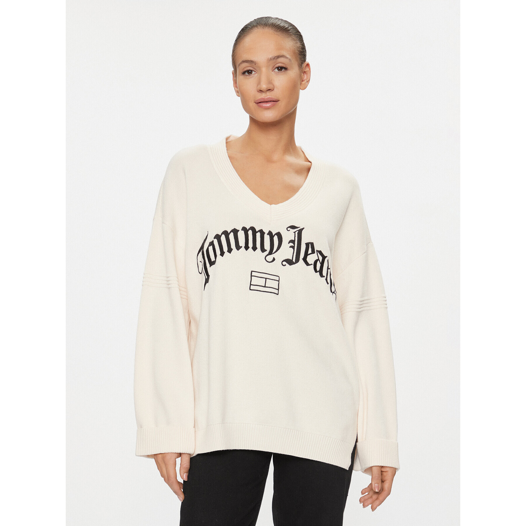 Tommy Jeans Pulover Grunge DW0DW16530 Écru Oversize - Pepit.si