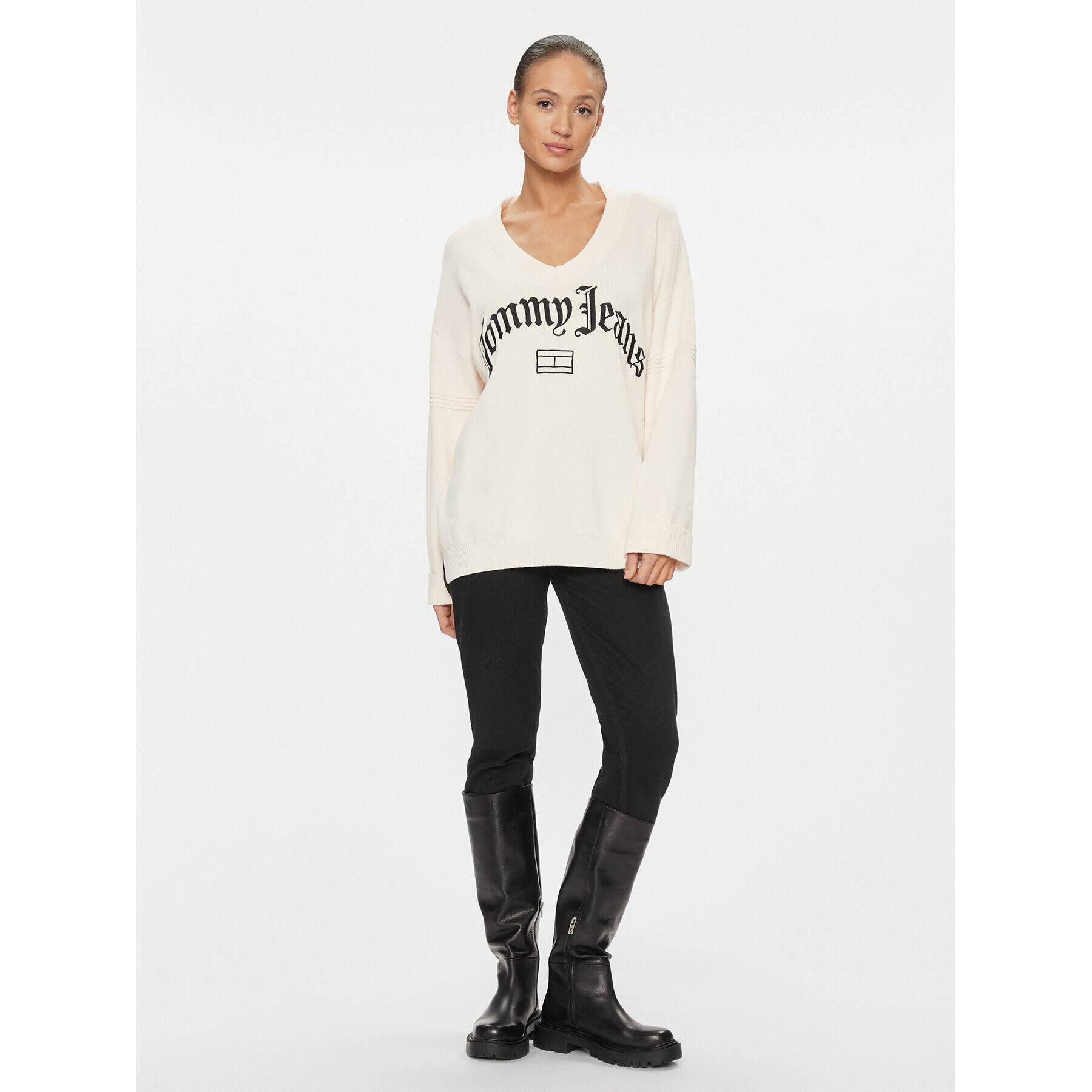 Tommy Jeans Pulover Grunge DW0DW16530 Écru Oversize - Pepit.si