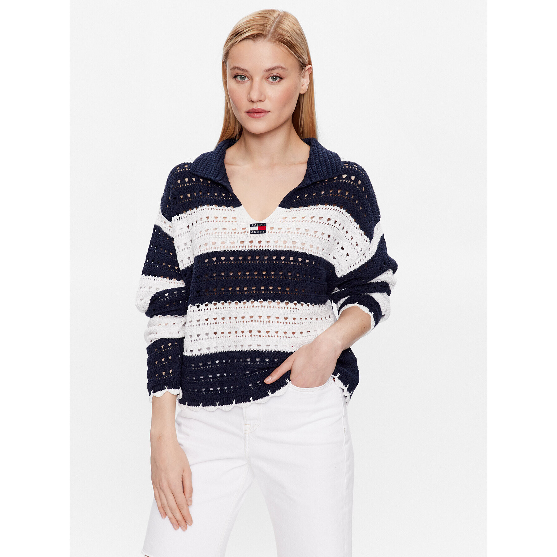 Tommy Jeans Pulover Summer Crochet DW0DW15404 Mornarsko modra Relaxed Fit - Pepit.si