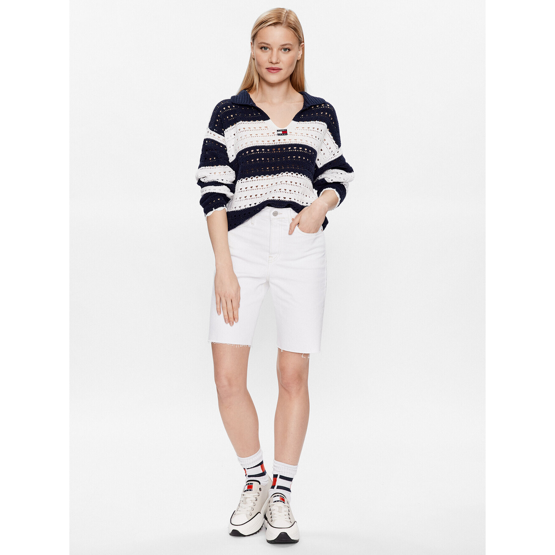 Tommy Jeans Pulover Summer Crochet DW0DW15404 Mornarsko modra Relaxed Fit - Pepit.si