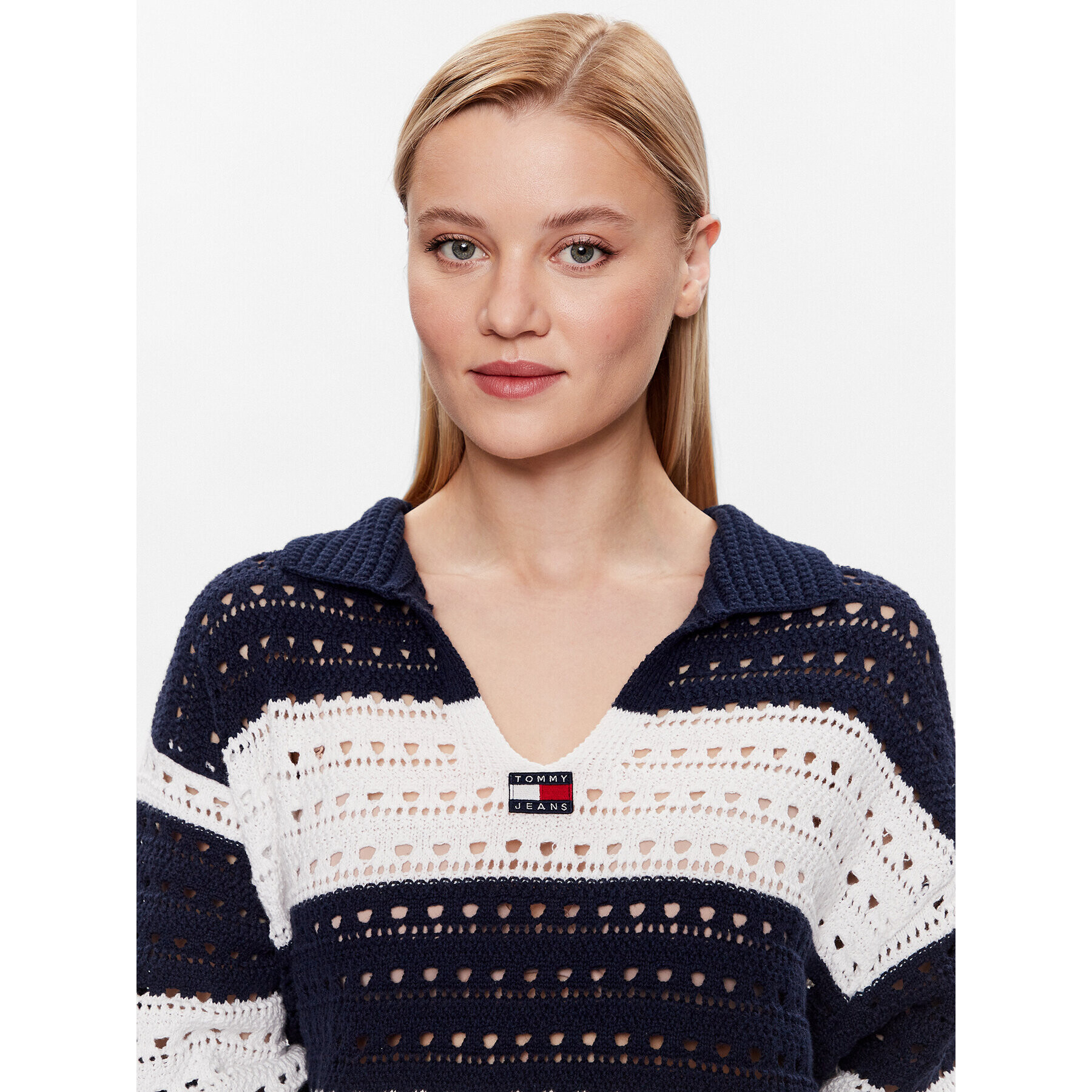 Tommy Jeans Pulover Summer Crochet DW0DW15404 Mornarsko modra Relaxed Fit - Pepit.si