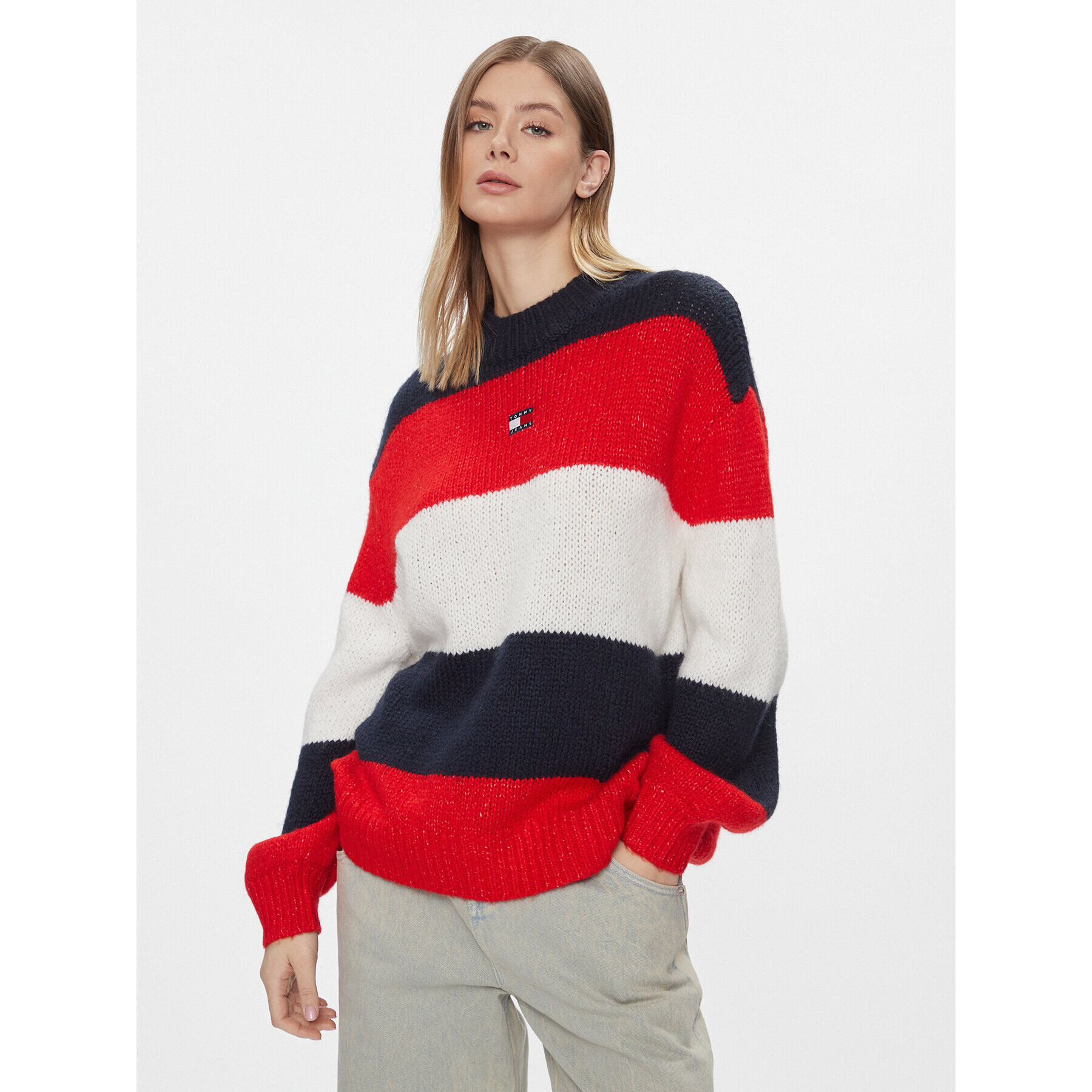 Tommy Jeans Pulover Tjw Colorblock Sweater DW0DW17495 Mornarsko modra Regular Fit - Pepit.si