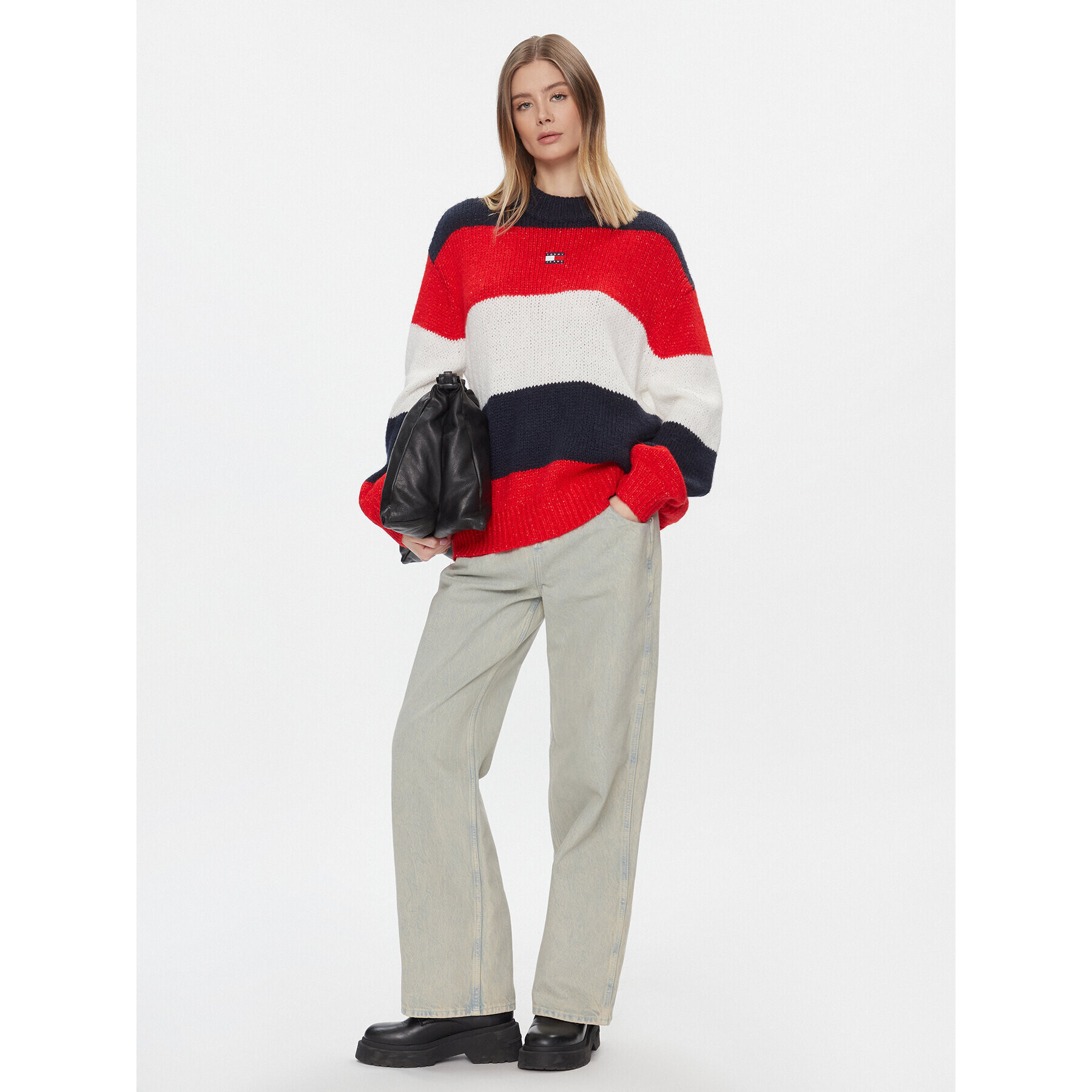 Tommy Jeans Pulover Tjw Colorblock Sweater DW0DW17495 Mornarsko modra Regular Fit - Pepit.si