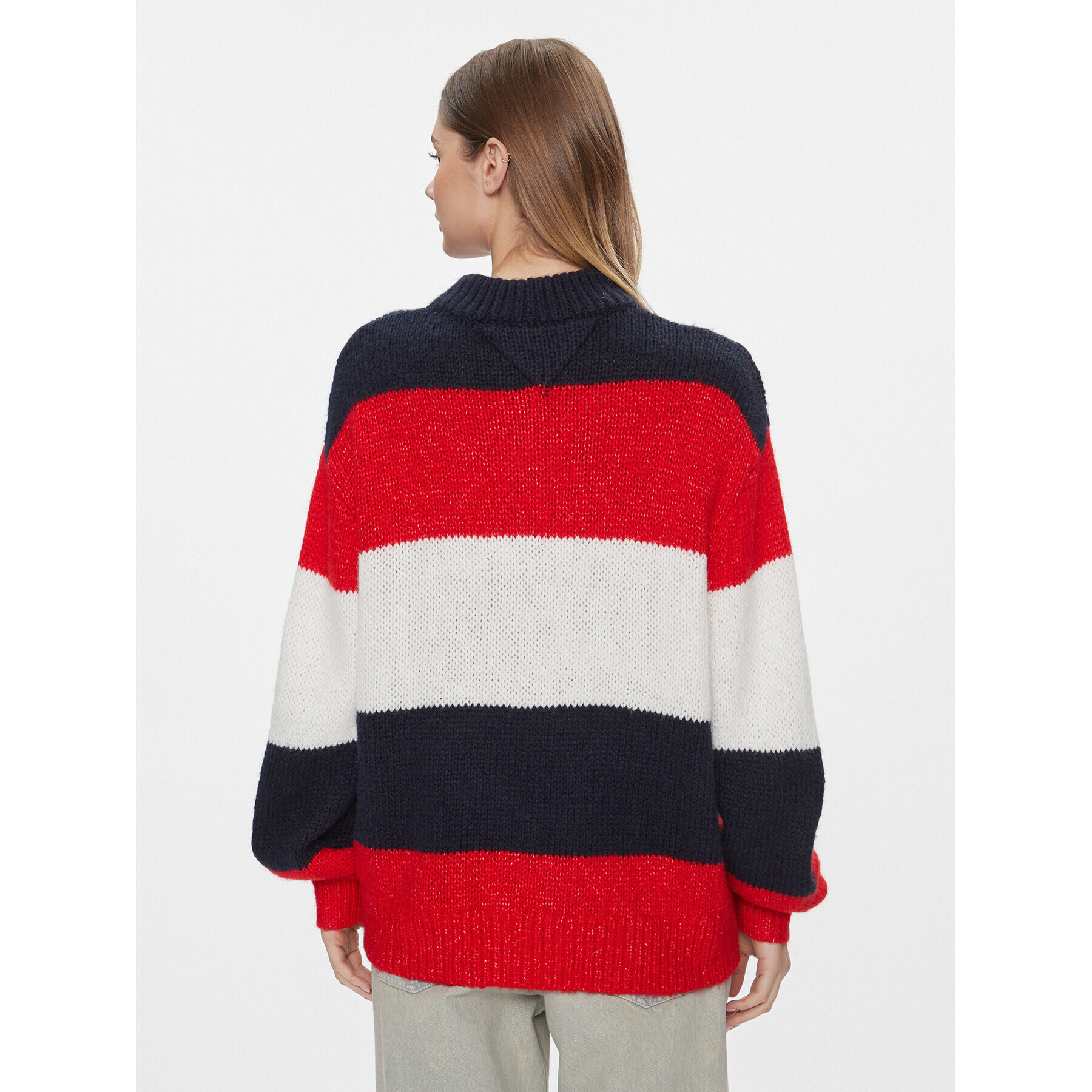 Tommy Jeans Pulover Tjw Colorblock Sweater DW0DW17495 Mornarsko modra Regular Fit - Pepit.si