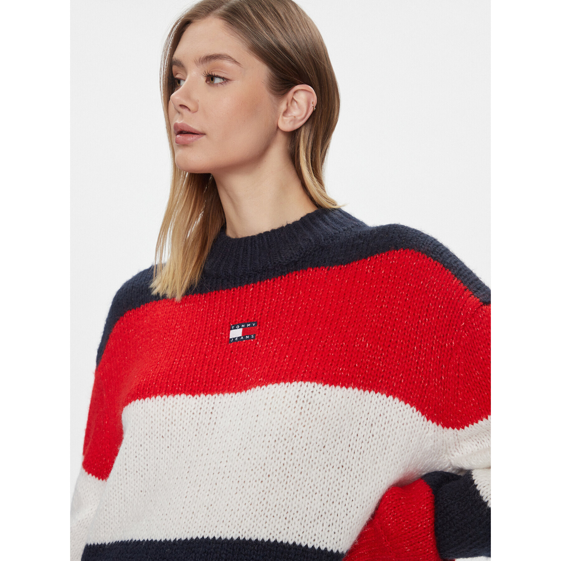 Tommy Jeans Pulover Tjw Colorblock Sweater DW0DW17495 Mornarsko modra Regular Fit - Pepit.si