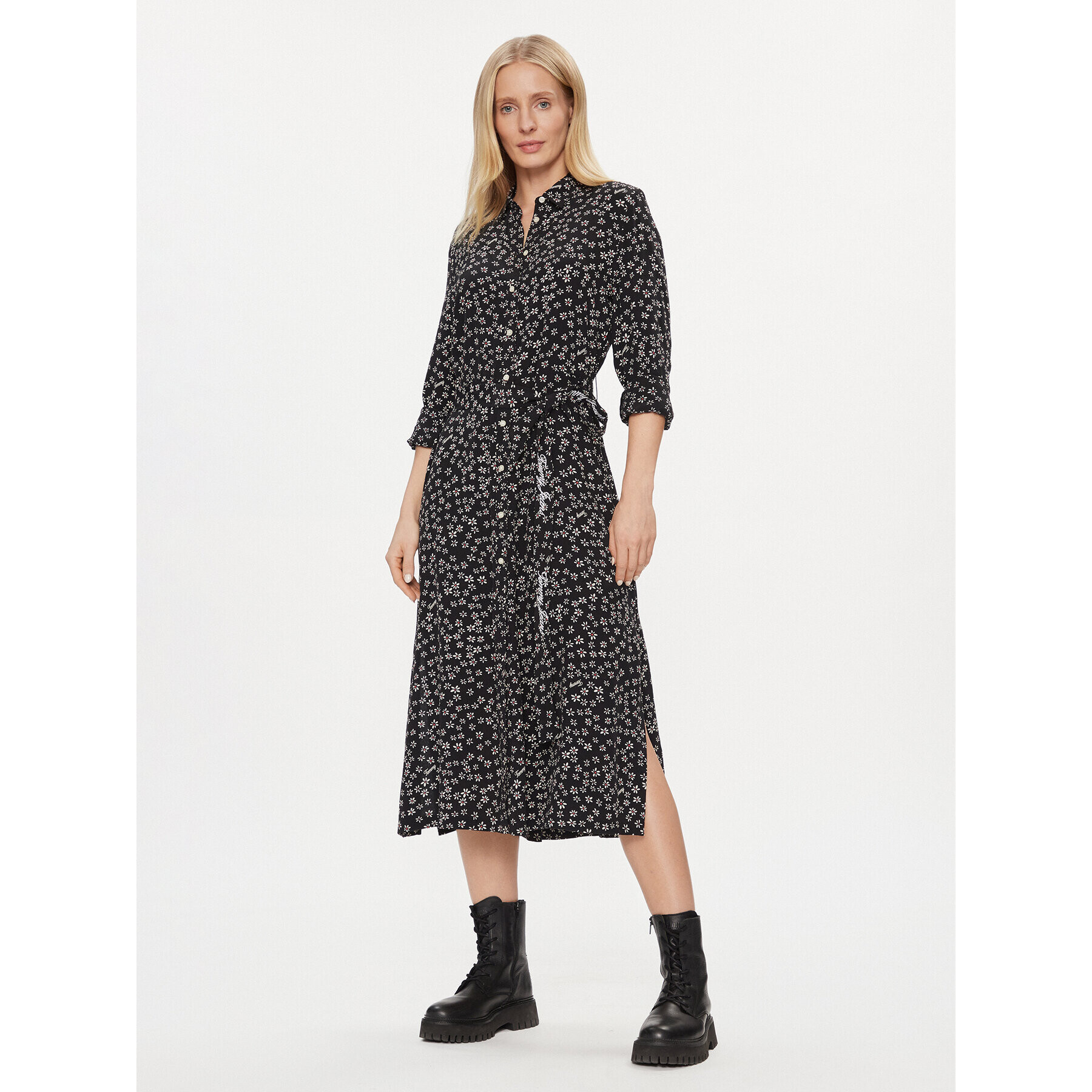 Tommy Jeans Srajčna obleka Tjw Ditsy Belted Midi Dress Ext DW0DW17419 Črna Regular Fit - Pepit.si