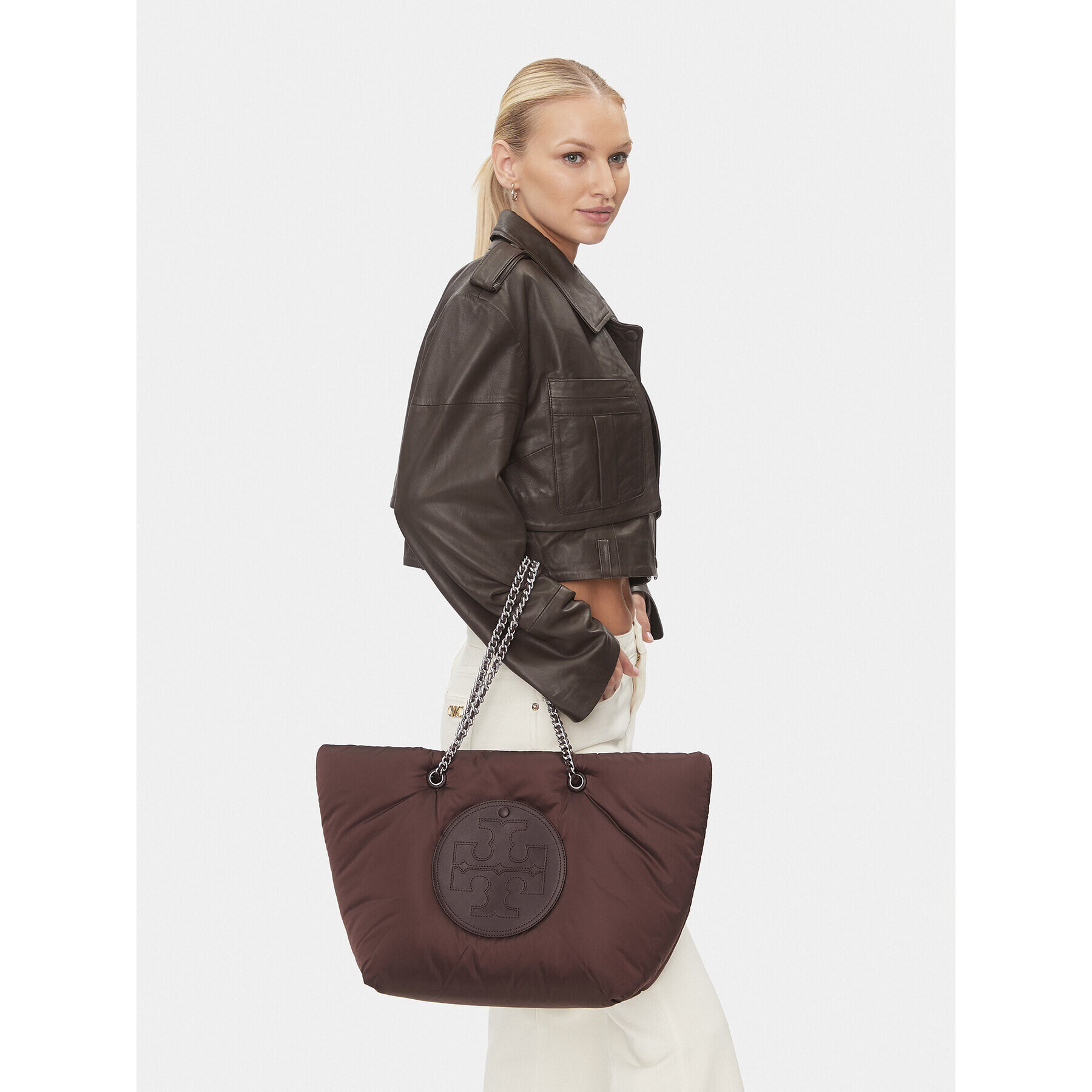 Tory Burch Ročna torba Ella Puffy Chain Tote 152450 Bordo rdeča - Pepit.si