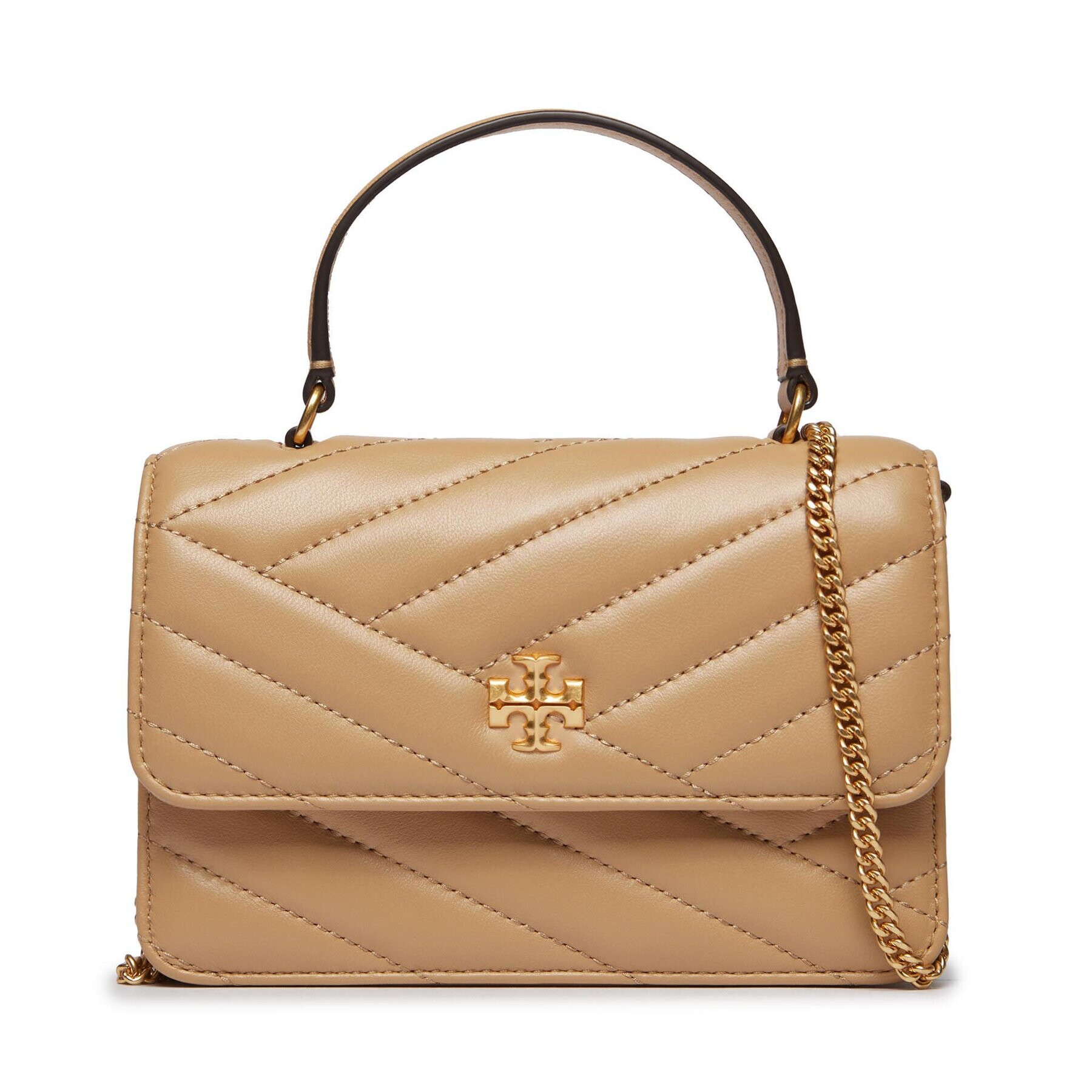 Tory Burch Ročna torba Kira Chevron Mini Top Handle Chain Wallet 152356 Bež - Pepit.si