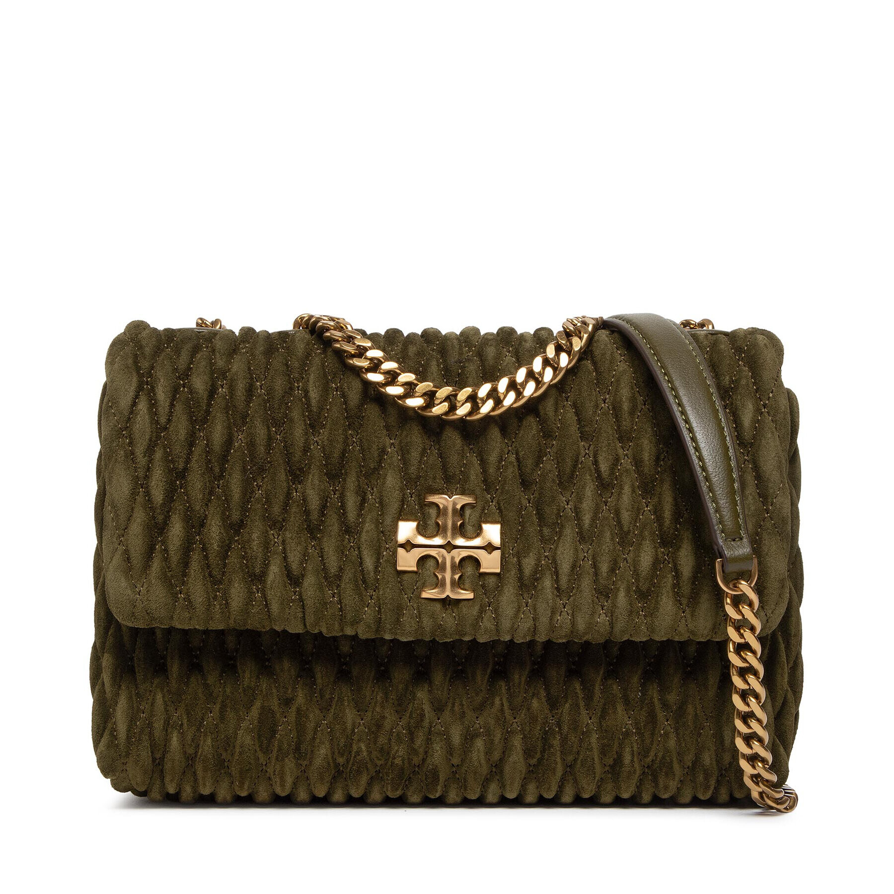 Tory Burch Ročna torba Kira Suede Ruched Small Convertible Shoulder Bag 139632 Khaki - Pepit.si