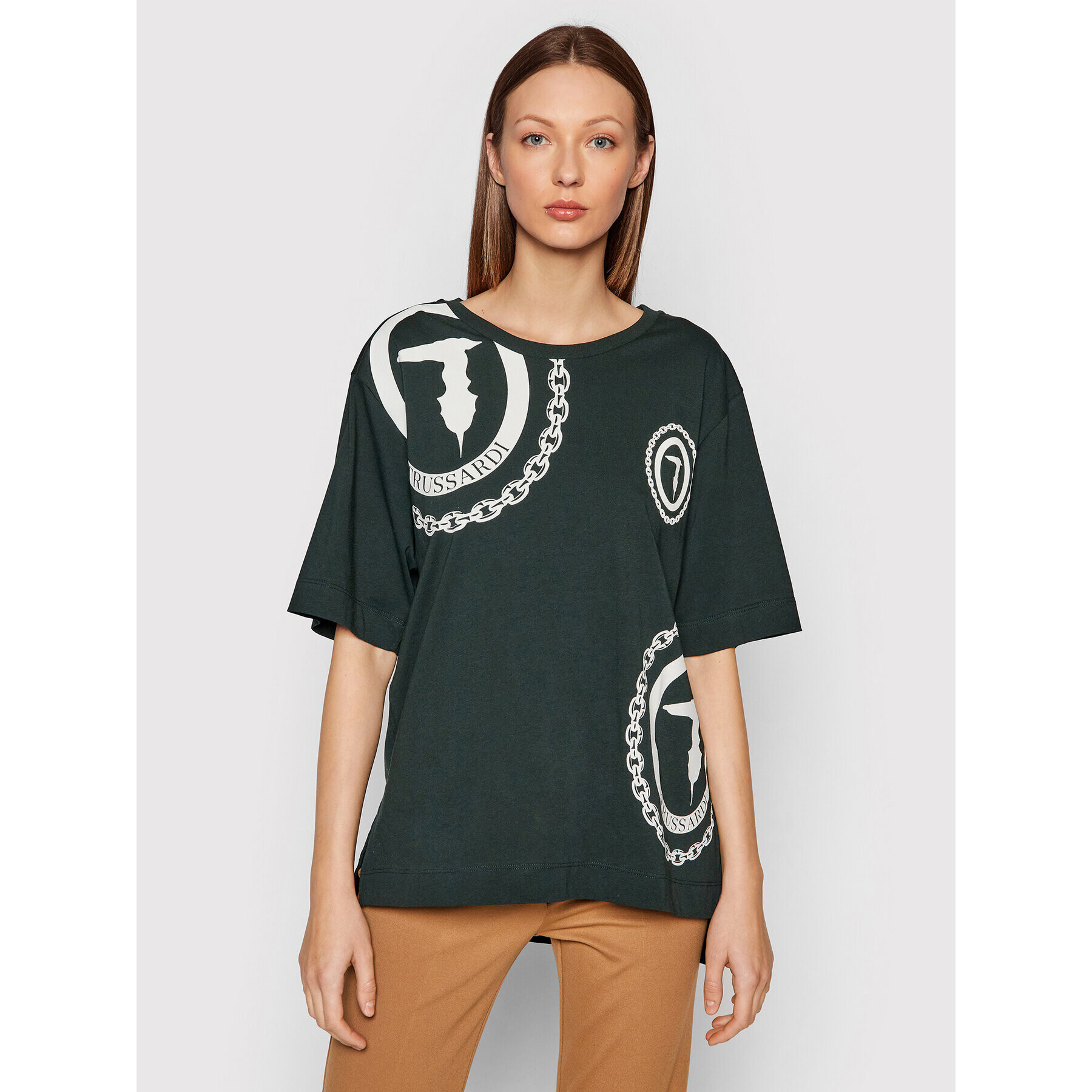 Trussardi Majica Logo Print 56T00413 Zelena Oversize - Pepit.si