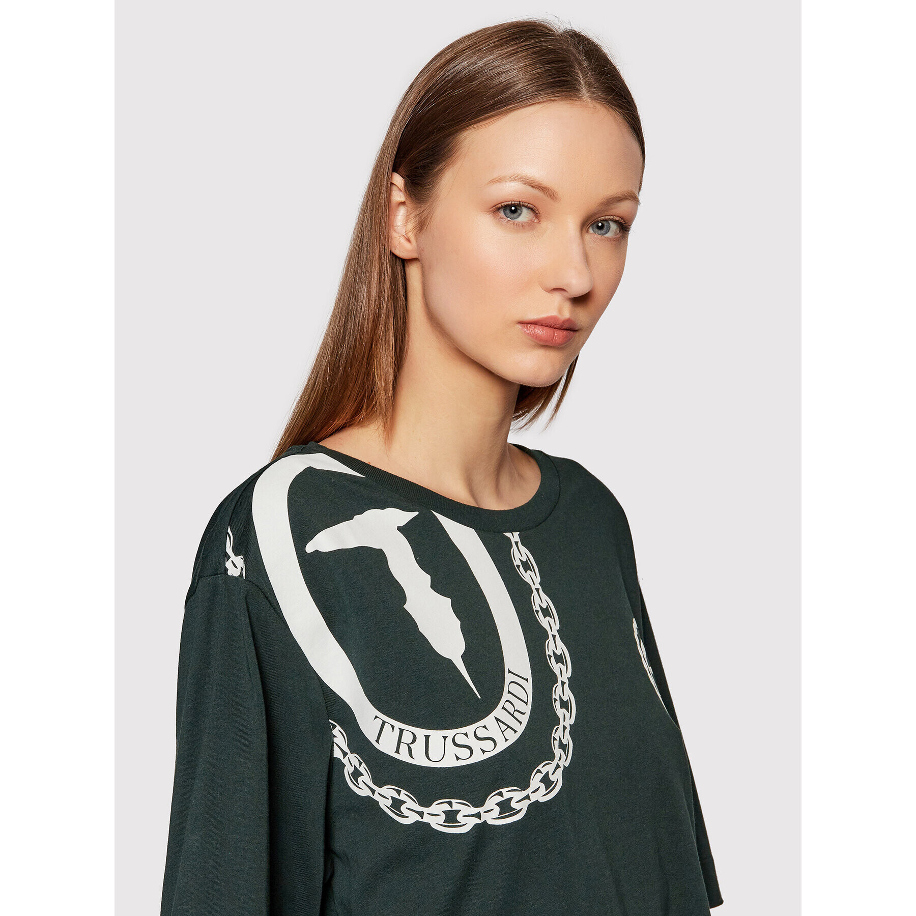 Trussardi Majica Logo Print 56T00413 Zelena Oversize - Pepit.si