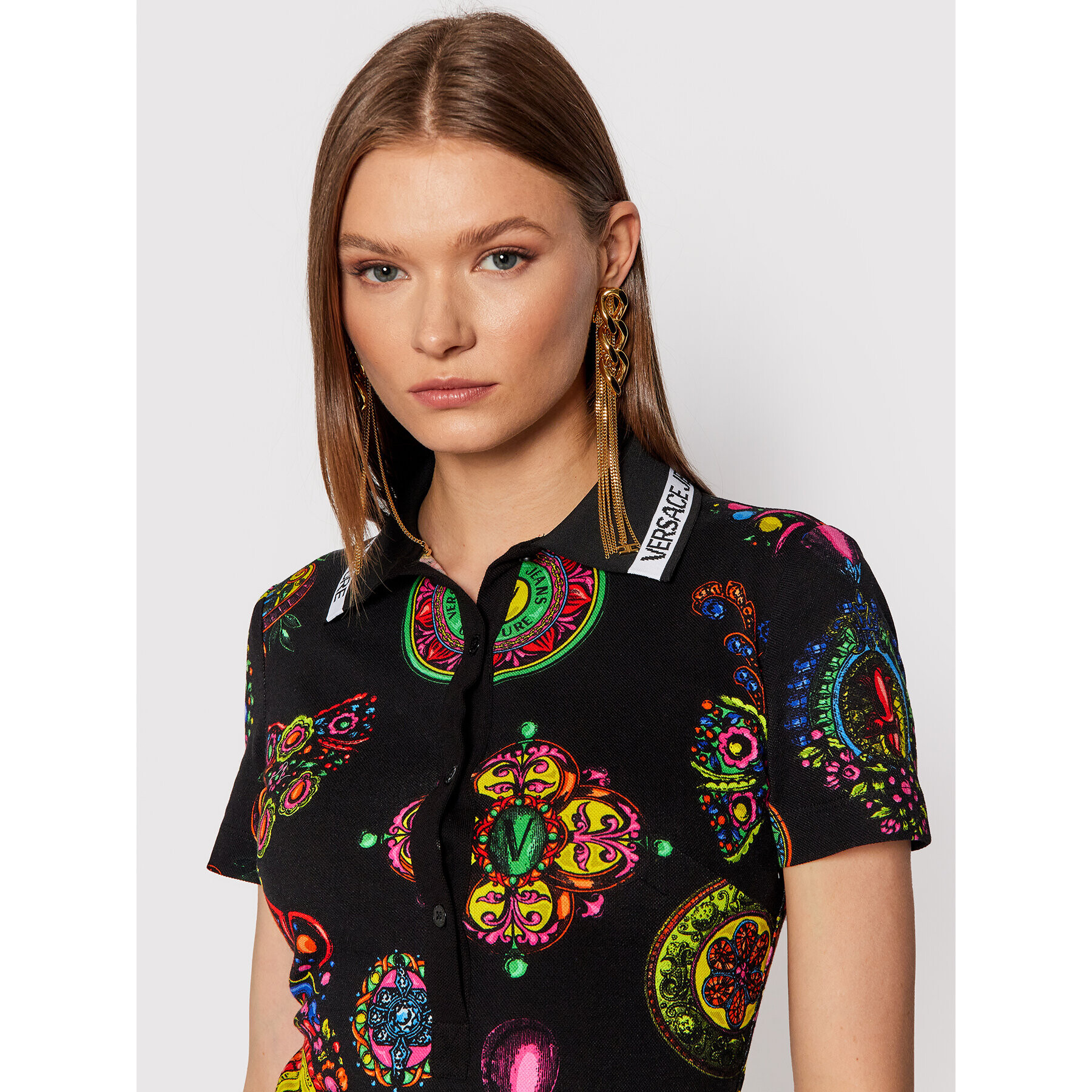 Versace Jeans Couture Srajčna obleka Piquet Print Grande Bijoux 71HAO975 Črna Slim Fit - Pepit.si