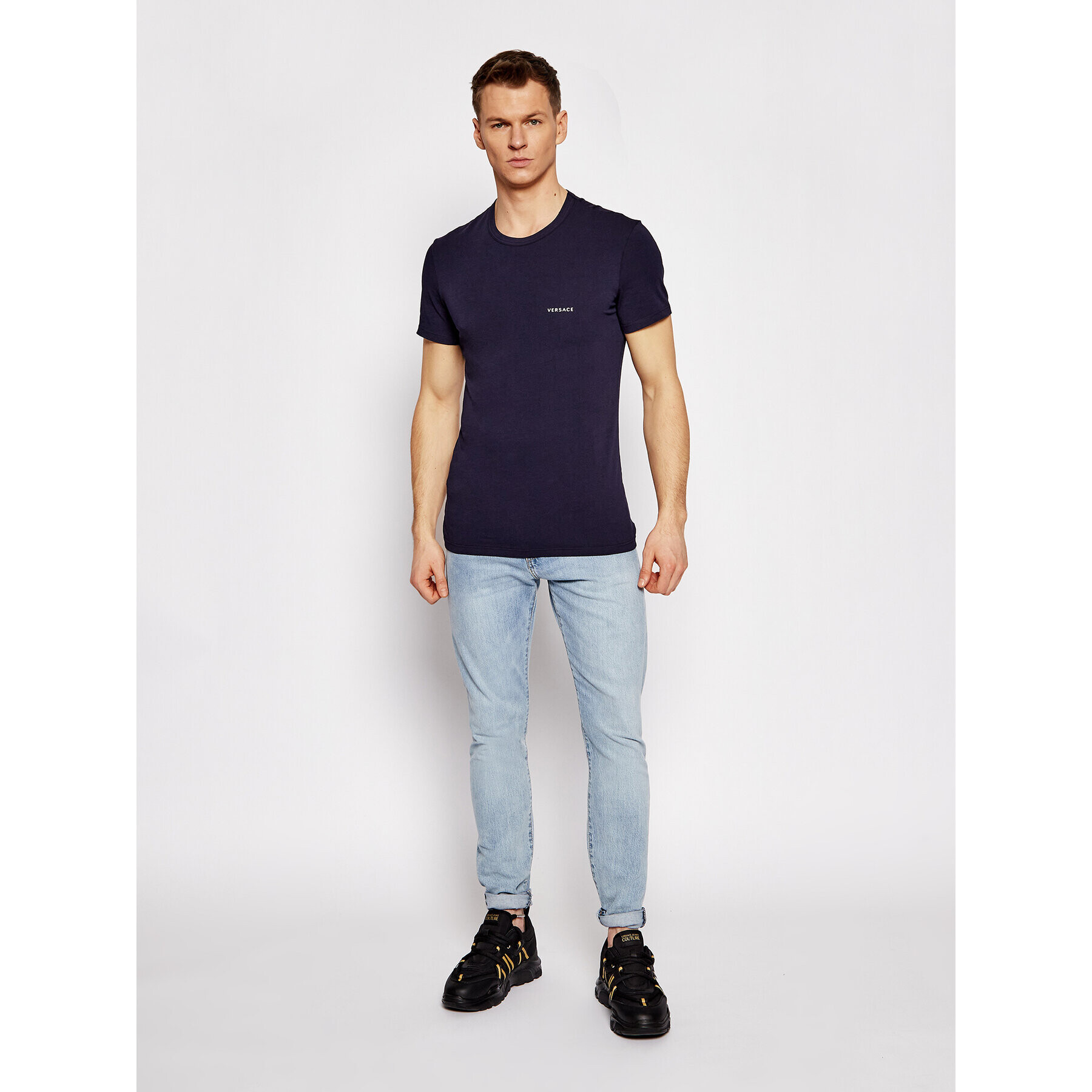 Versace Majica Girocollo AUU04023 Mornarsko modra Slim Fit - Pepit.si