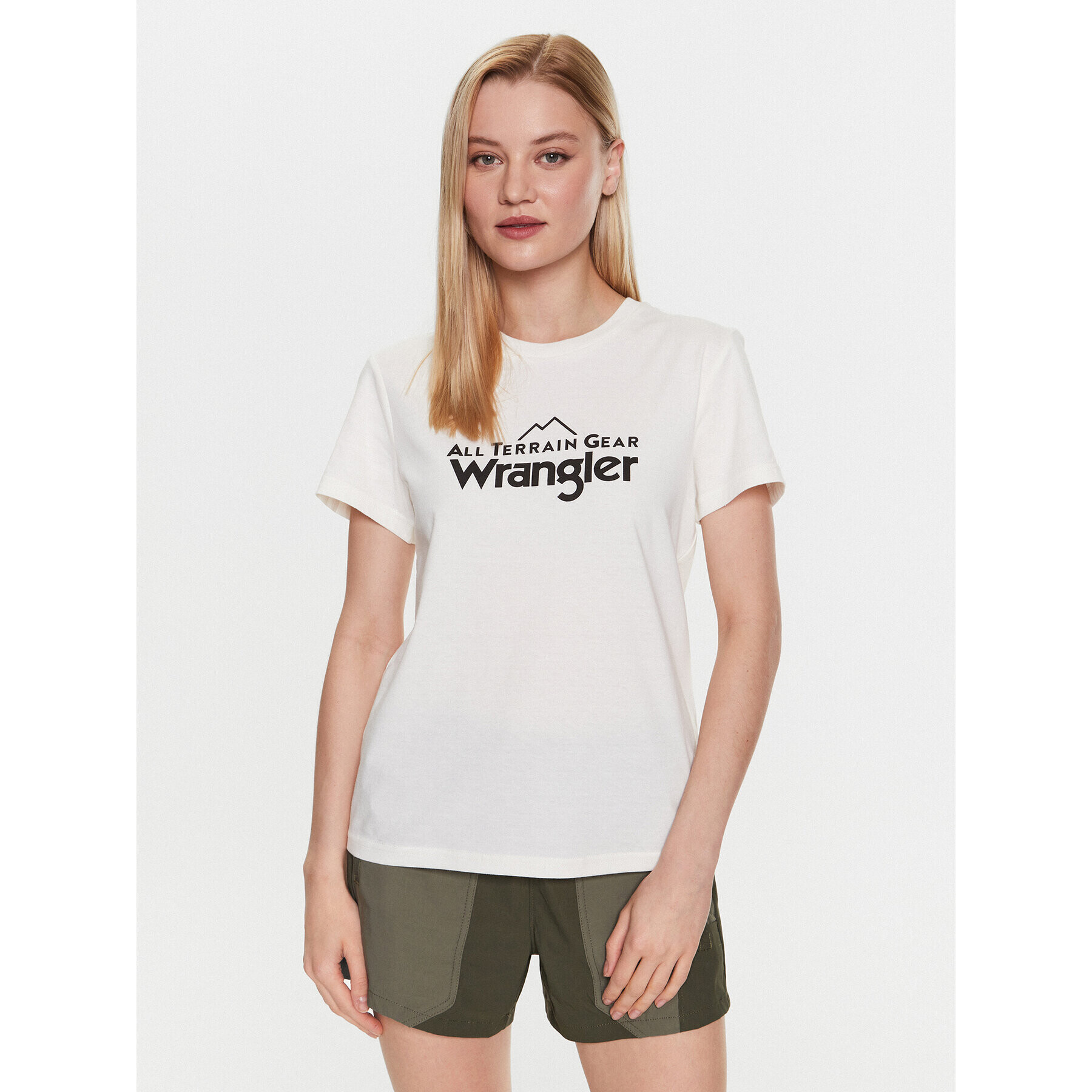 Wrangler Majica Logo Tee WC5FGEM22 112326341 Écru Regular Fit - Pepit.si